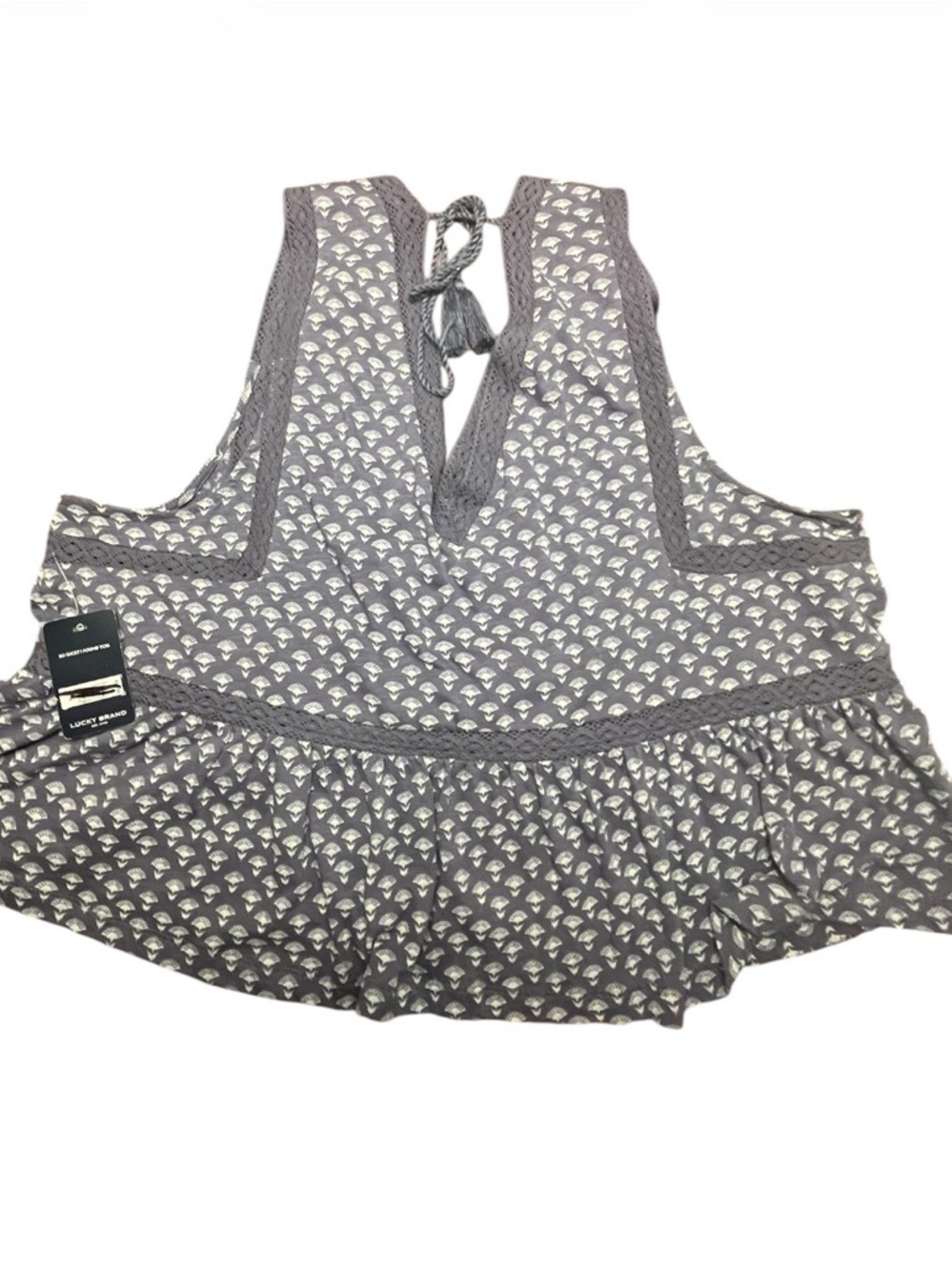 Lucky Brand Blue Crochet-Trim Peplum Camisole with Cream Shell Print